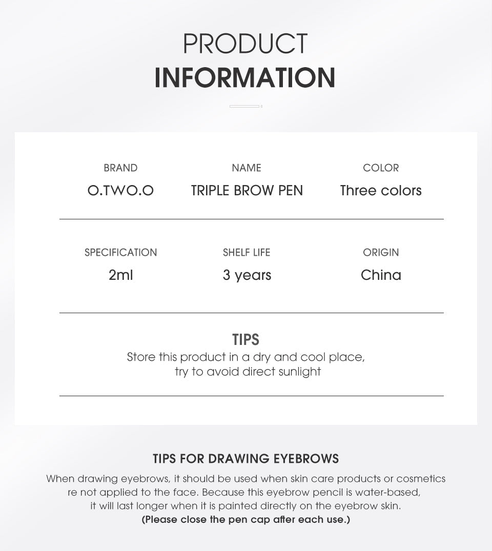 O.TWO.O 3 Headed Waterproof Triple Brow Pencil 3 Colors Sweat Proof 3D Eyebrow Pencil