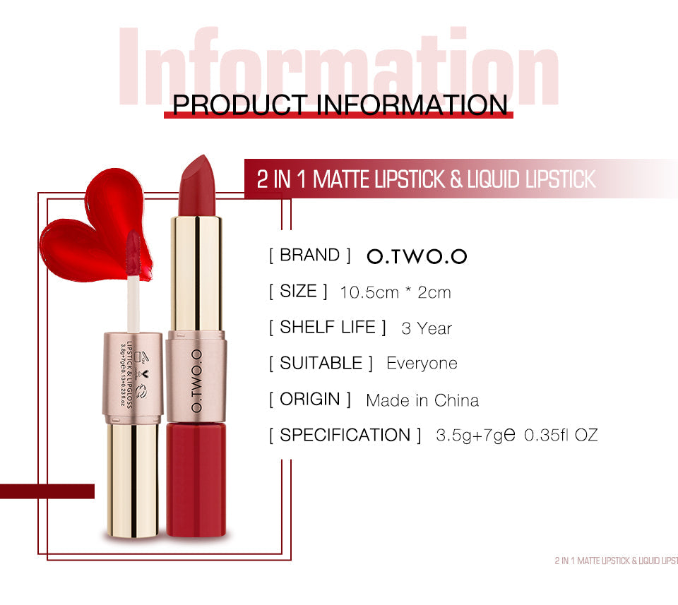 O.TWO.O 2 in 1 Matte Liquid Lipstick High Pigmented