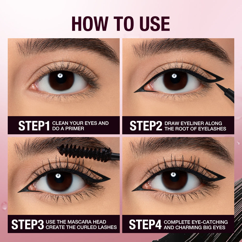 2 IN 1 Long Wear Black Eyeliner Lengthening Non- Smuge Mascara