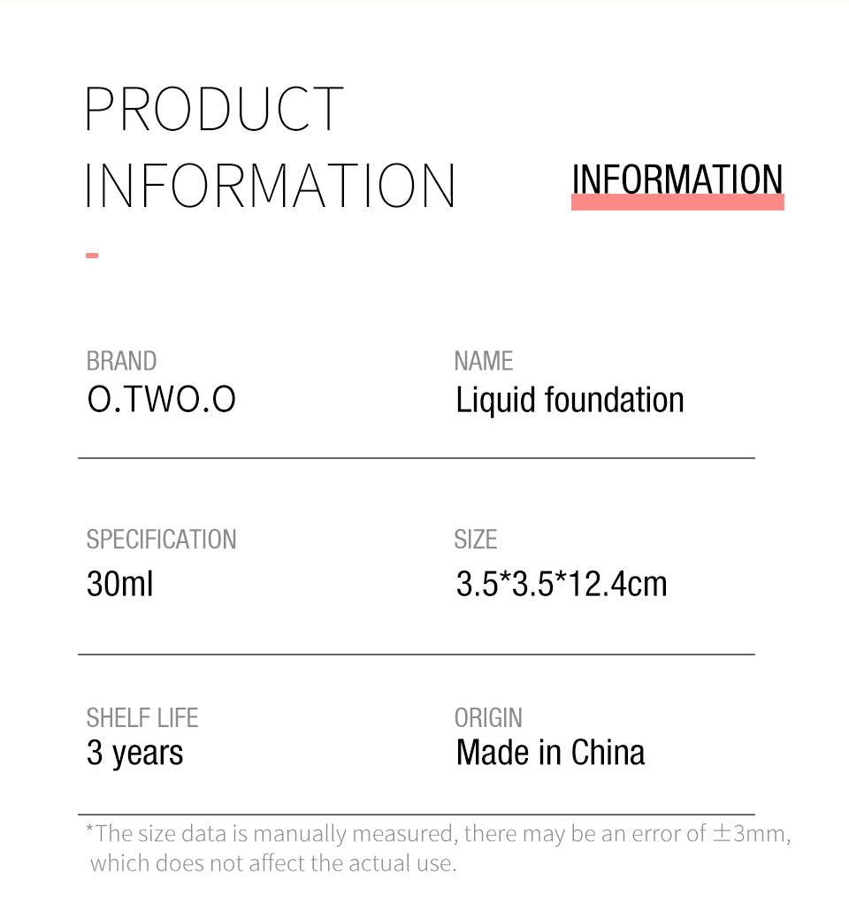 O.TWO.O Waterproof Long Lasting Oil Control Moisturizing Full Coverage Liquid Foundation Concealer