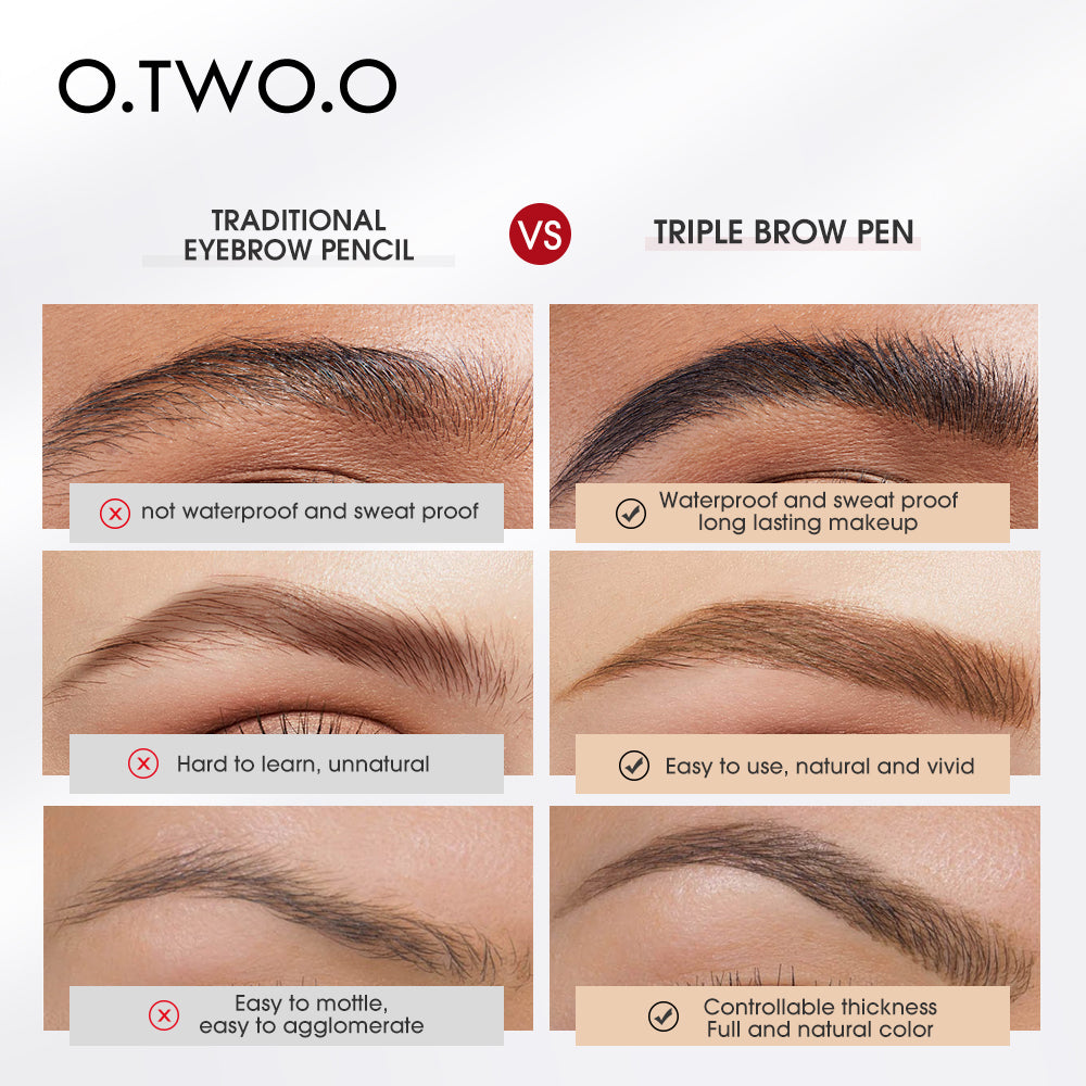 O.TWO.O 3 Headed Waterproof Triple Brow Pencil 3 Colors Sweat Proof 3D Eyebrow Pencil