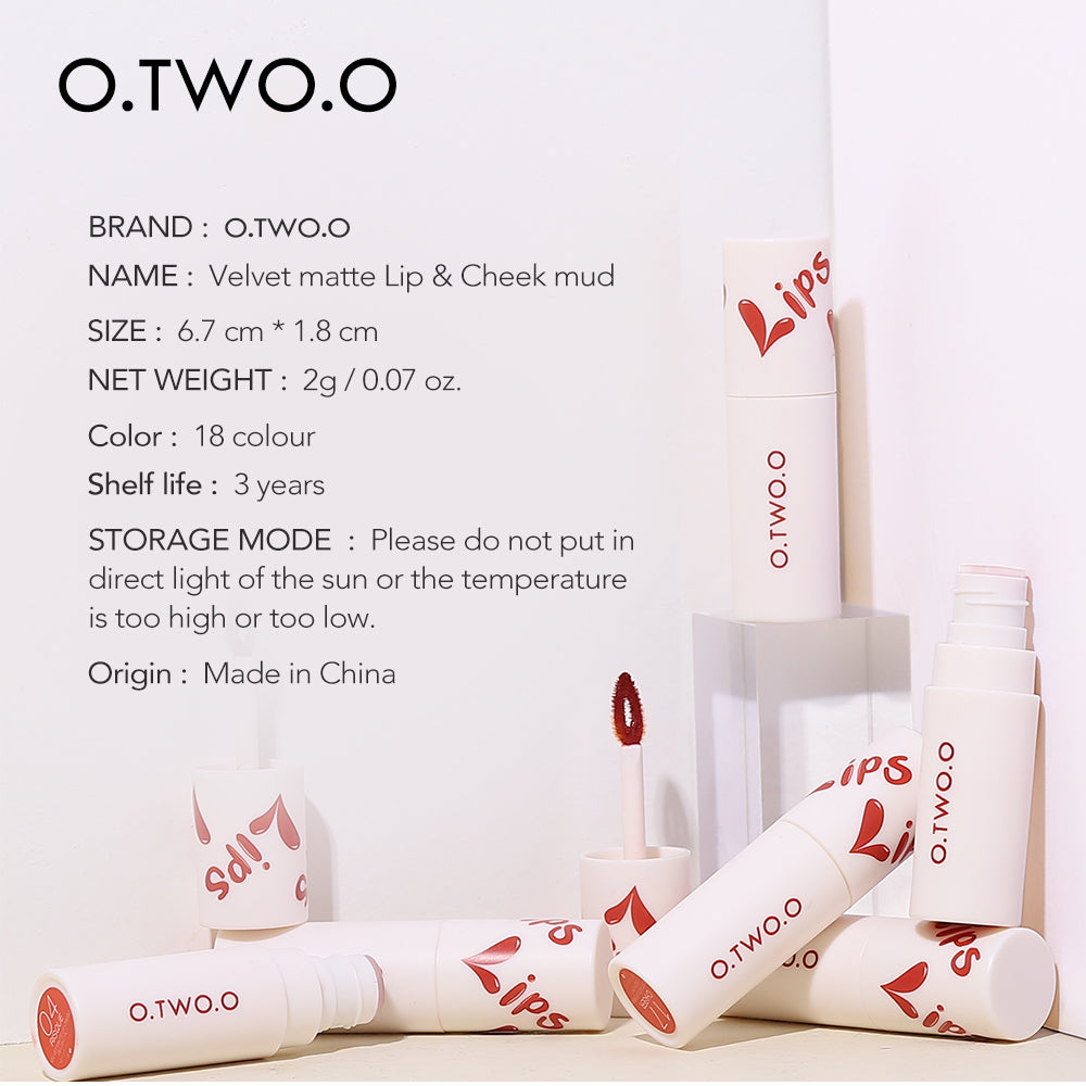 O.TWO.O New Velvet Matte Lip Cheek Mud High Pigment Long Lasting Lipstick Mud